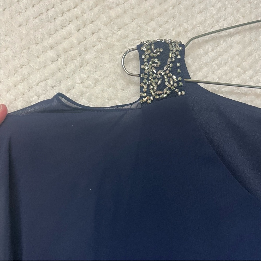 Betsy & Adam Navy Blue Cold Shoulder Popover Dress Embellished Cuffs Size 10 - Picture 7 of 12
